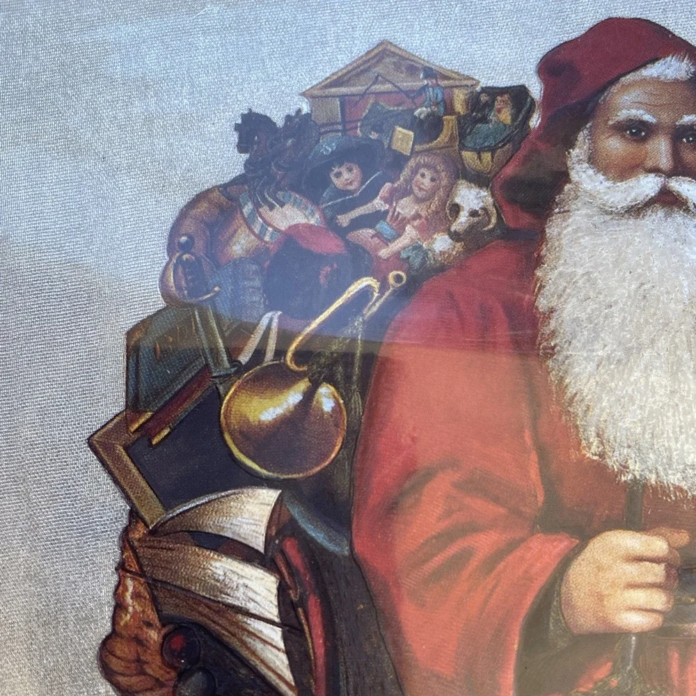 Large Christmas Die Cut Santa Two Puppets & Robins Perched on Holly Holiday Vntg